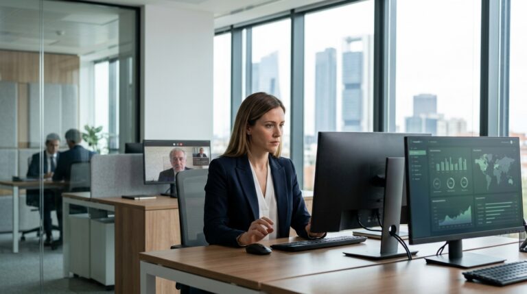 Abogada verificando una videollamada deepfake antes de autorizar un pago