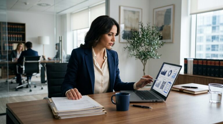LegalTech para abogados Abogado revisando un sistema digital de facturación adaptado a VERIFACTU en un despacho jurídico