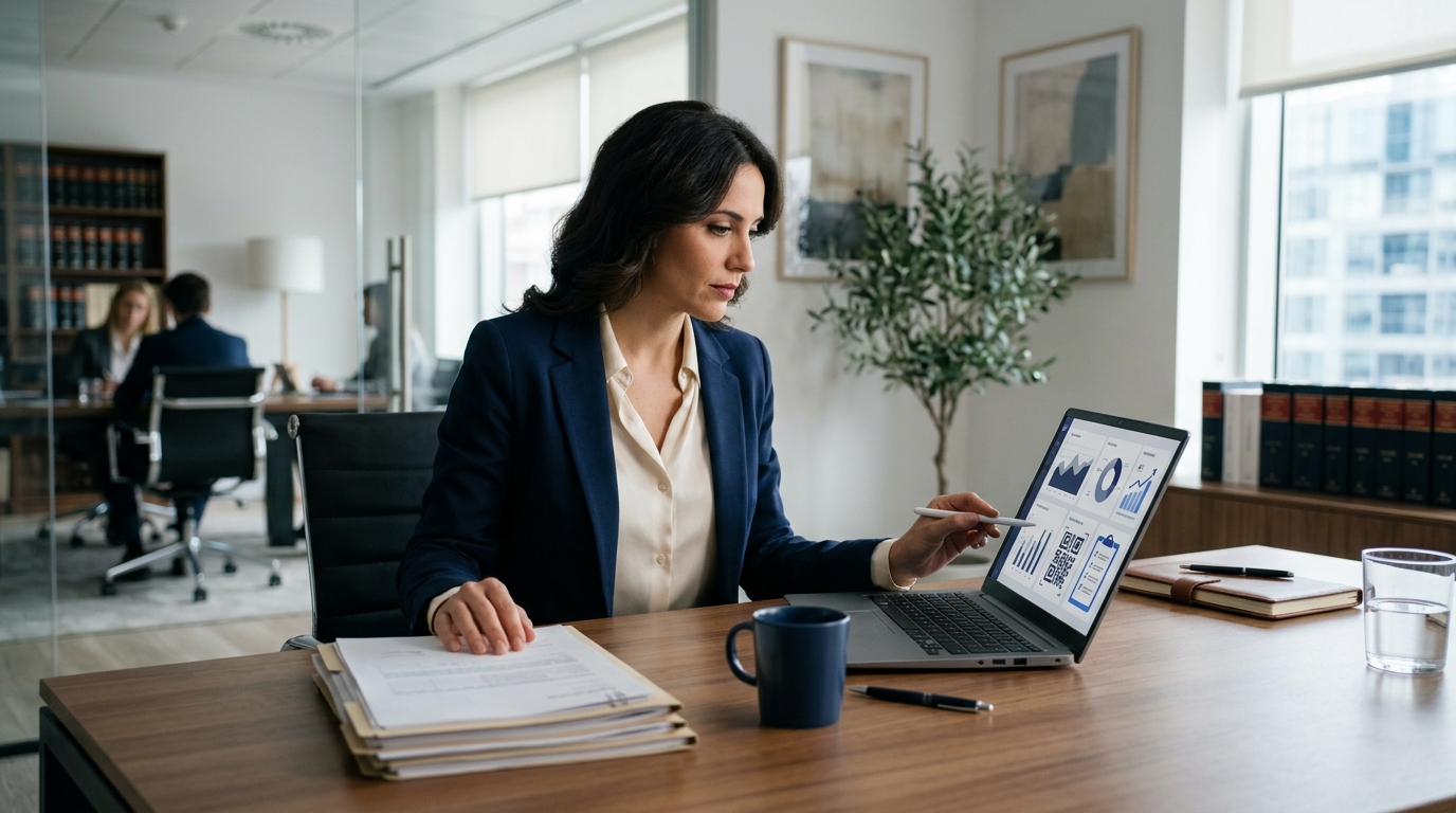 LegalTech para abogados Abogado revisando un sistema digital de facturación adaptado a VERIFACTU en un despacho jurídico