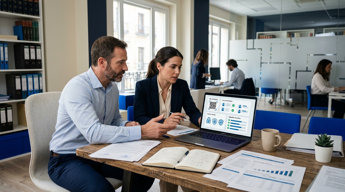 Equipo jurídico comprobando la configuración, los permisos y los registros de un sistema VERIFACTU