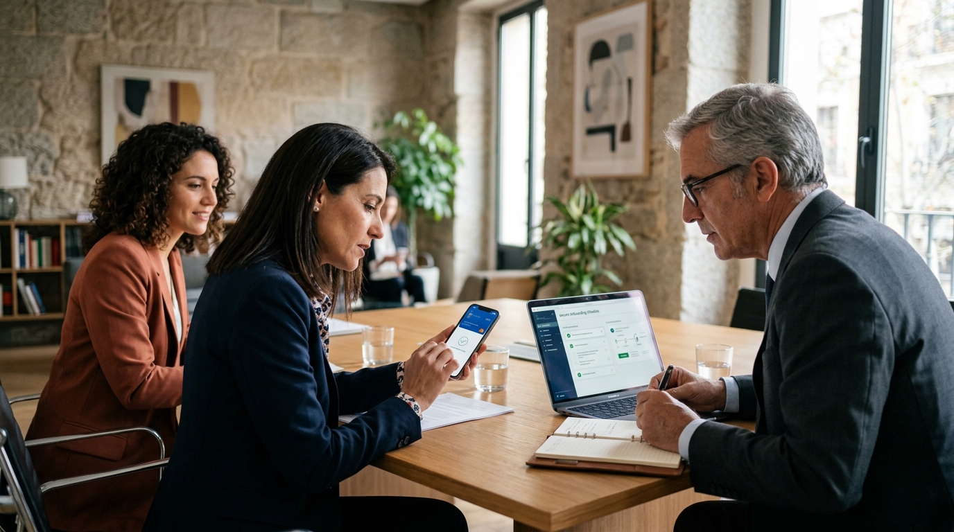 Equipo jurídico probando un proceso de identidad y firma digital europea