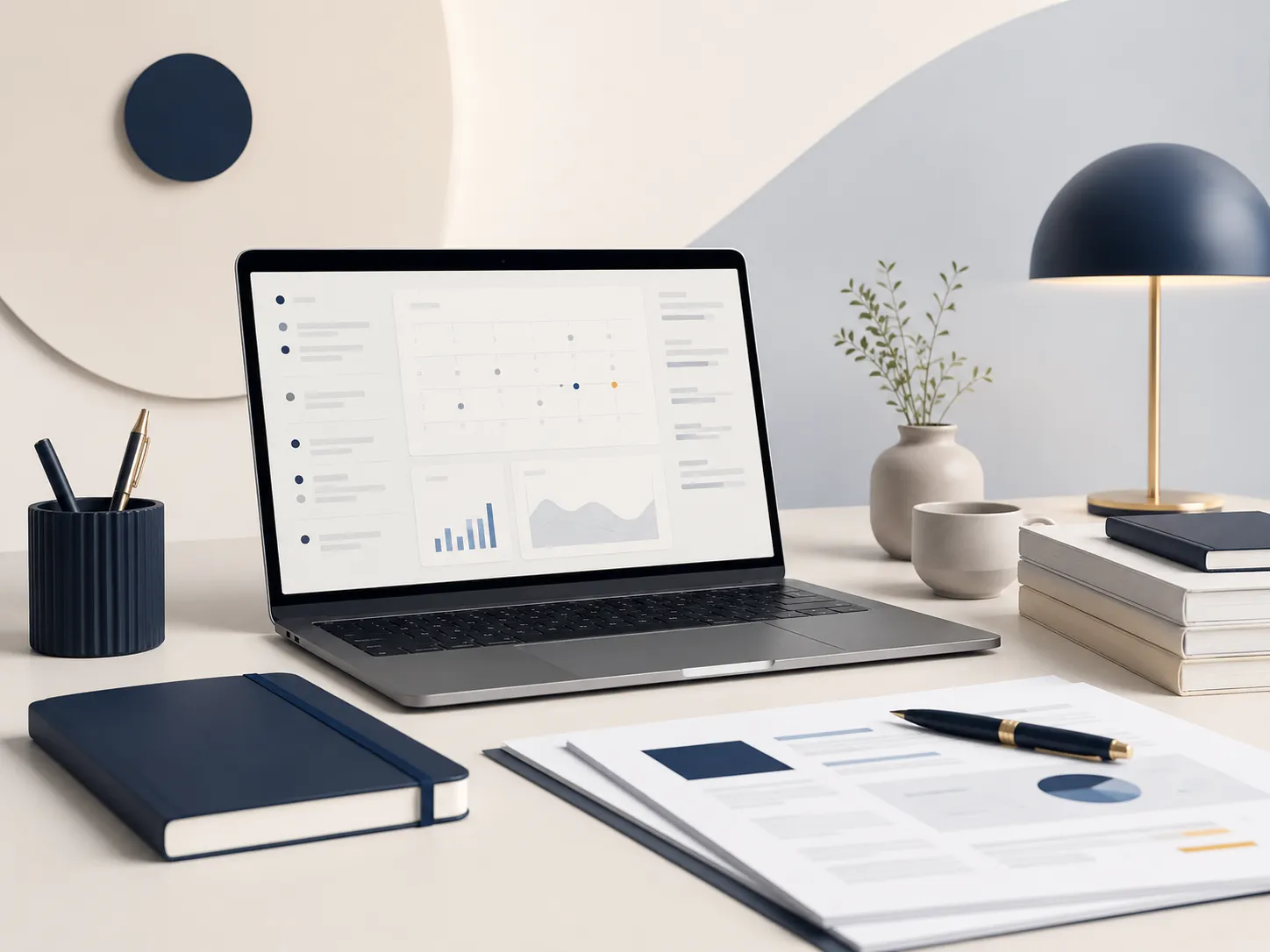 Espacio de trabajo moderno con portátil, documentos y herramientas digitales para la gestión y planificación de un despacho jurídico