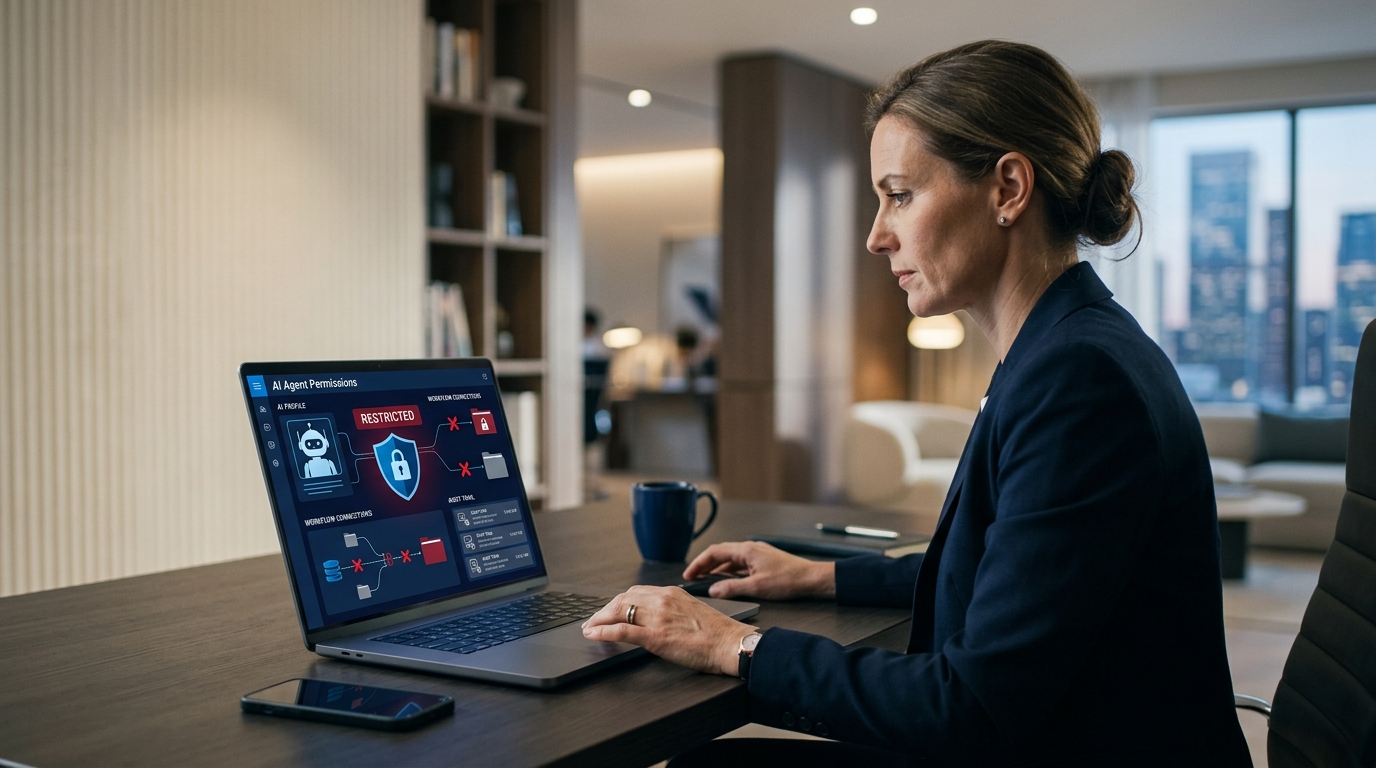 Panel de permisos y seguridad utilizado para limitar el acceso de un agente de IA en un despacho jurídico