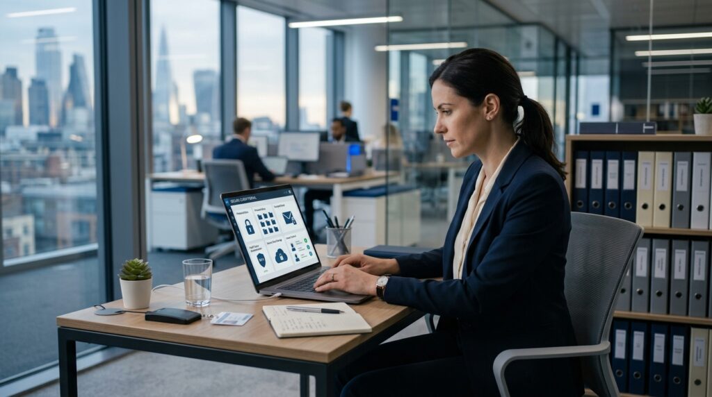 Profesional jurídico revisando expedientes digitales protegidos mediante controles de ciberseguridad