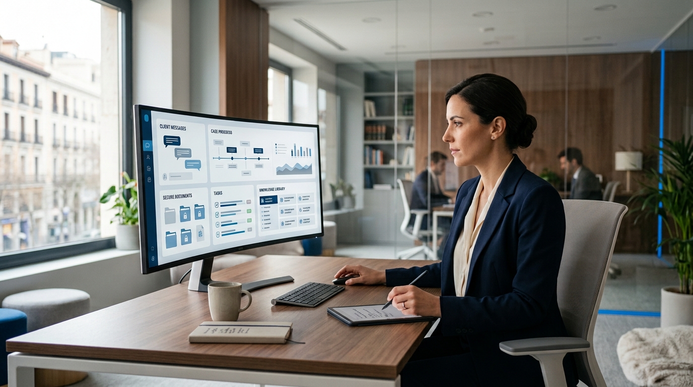 Profesional jurídico utilizando un portal seguro de clientes y una base digital de conocimiento del despacho