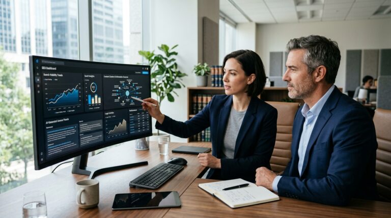 Profesionales analizando la visibilidad de contenidos jurídicos en búsquedas generativas y resultados de Google