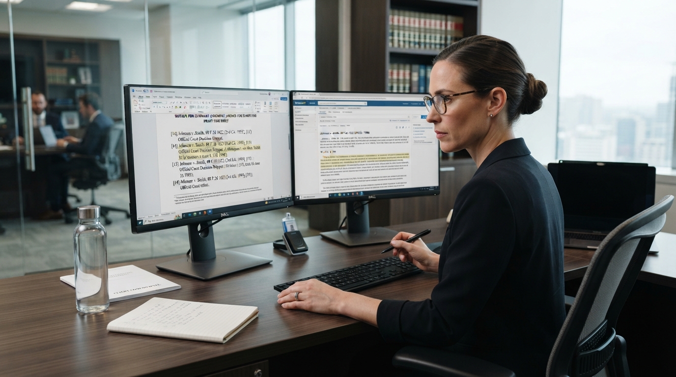 Abogado verificando citas jurídicas generadas con inteligencia artificial antes de presentar un escrito